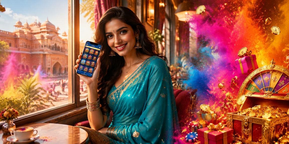 Indian woman enjoying mobile casino games with bonuses at t18