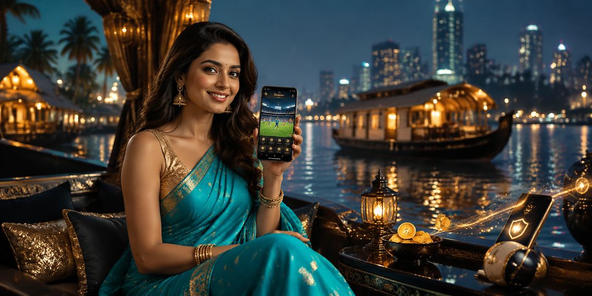 Indian woman enjoying cricket betting on mobile near Kerala backwaters